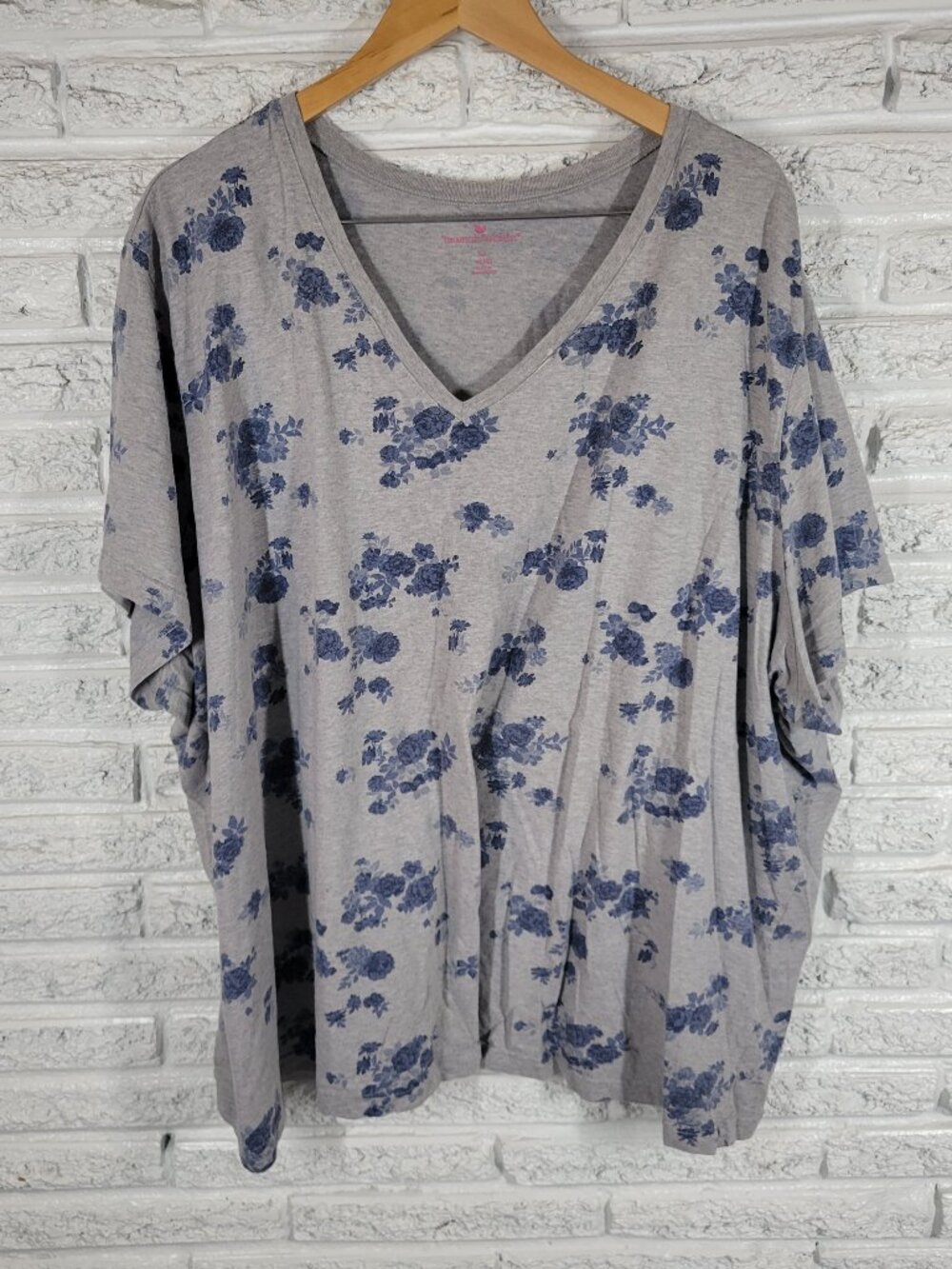 Woman Within 5X Tunic Tee Shirt Plus Blue‎ Gray Floral V-Neck FLO51E